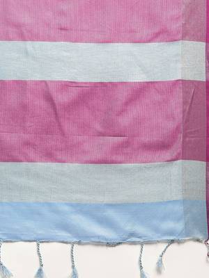 Blue & Pink Linen Blend Solid Banarasi Saree 4