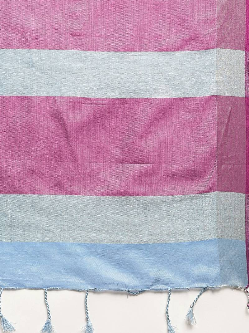 Blue & Pink Linen Blend Solid Banarasi Saree