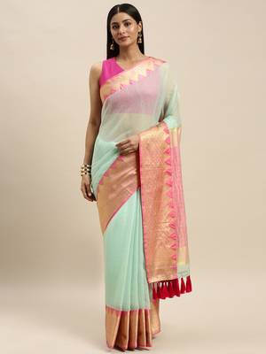 Sea Green & Pink Supernet Solid Kota Saree 1