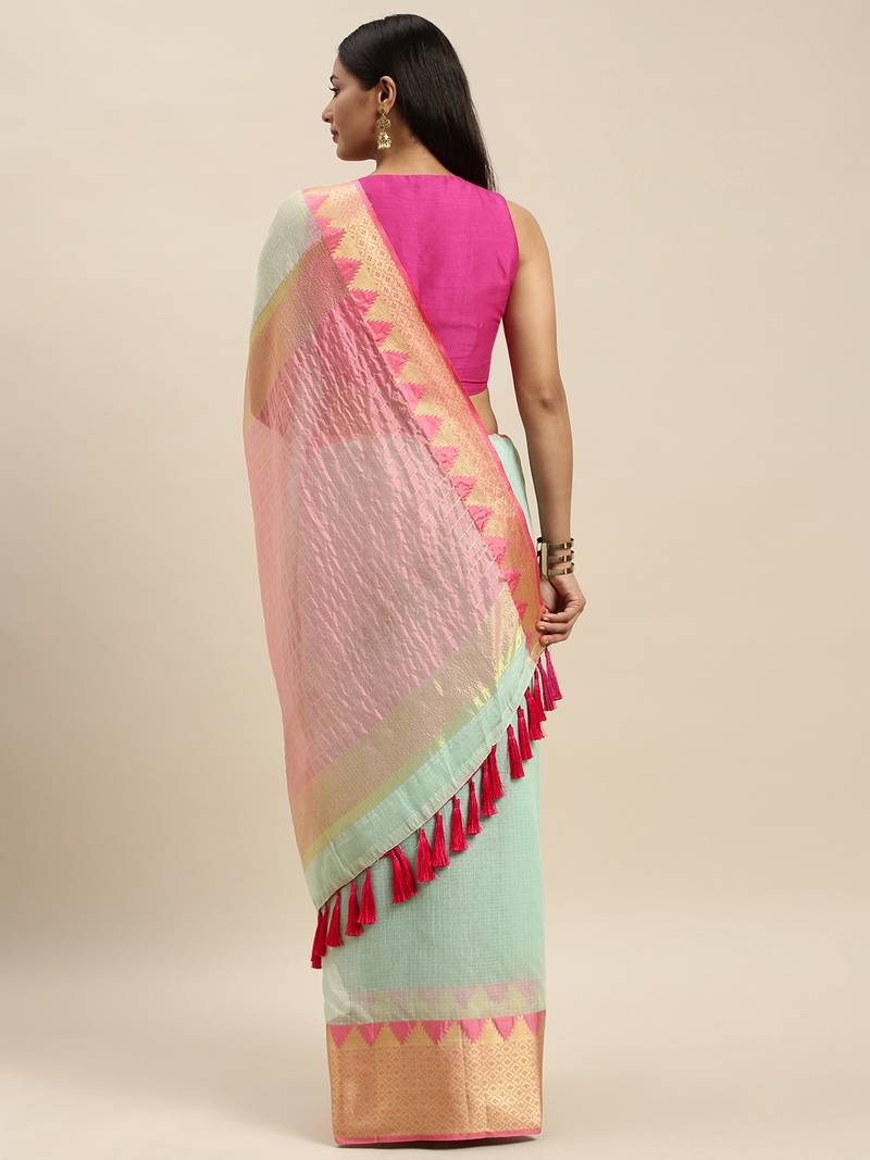 Sea Green & Pink Supernet Solid Kota Saree