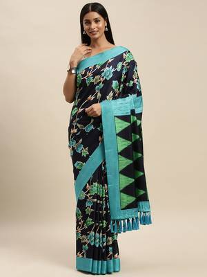 Navy Blue & Green Linen Blend Printed Chanderi Saree 1