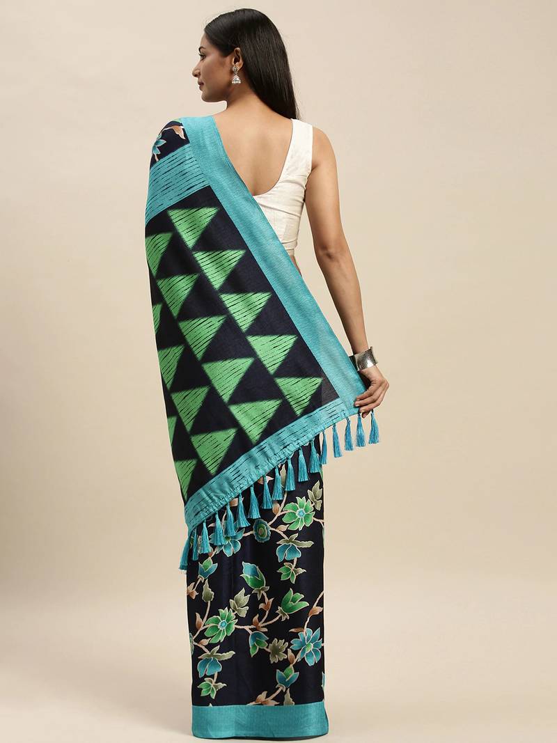 Navy Blue & Green Linen Blend Printed Chanderi Saree