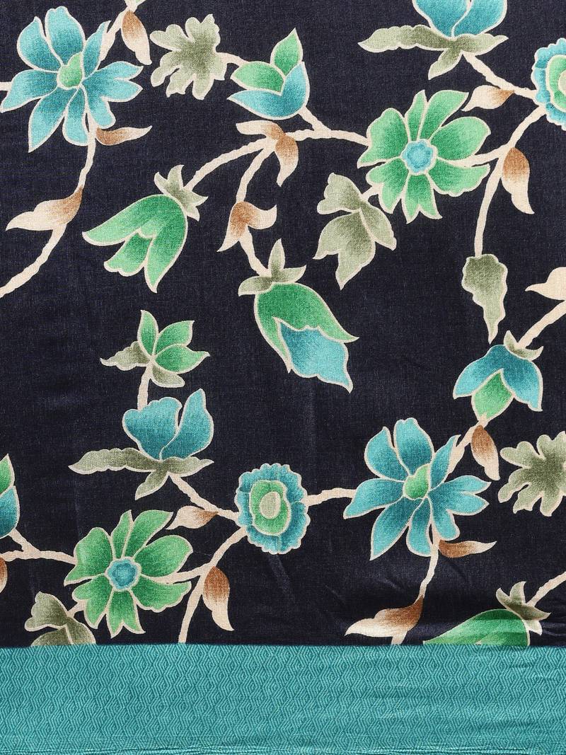 Navy Blue & Green Linen Blend Printed Chanderi Saree