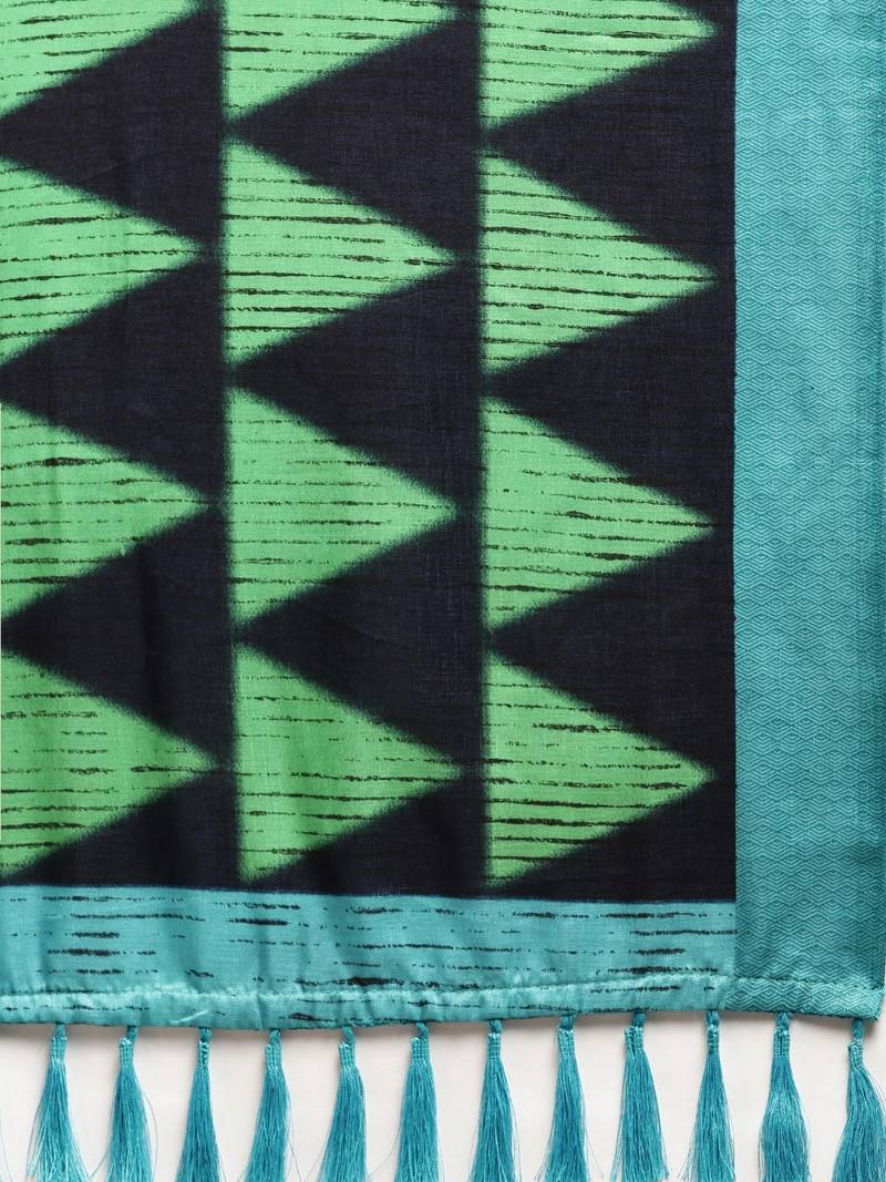 Navy Blue & Green Linen Blend Printed Chanderi Saree