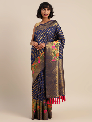 Navy & Beige Silk Cotton Printed Banarasi Saree 1