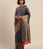 Navy & Beige Silk Cotton Printed Banarasi Saree