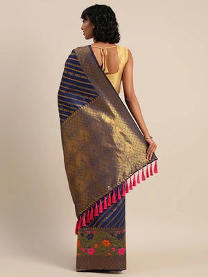 Navy & Beige Silk Cotton Printed Banarasi Saree 2