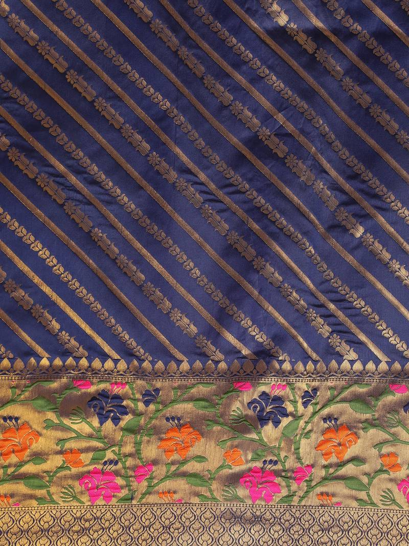 Navy & Beige Silk Cotton Printed Banarasi Saree