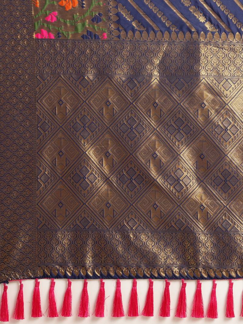 Navy & Beige Silk Cotton Printed Banarasi Saree