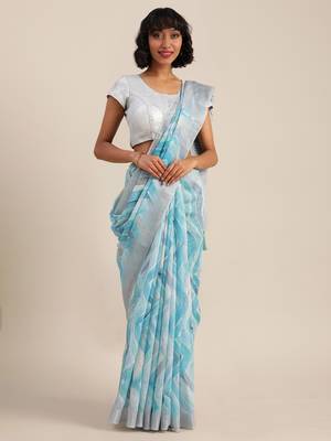 Blue & White Linen Blend Printed Banarasi Saree 1