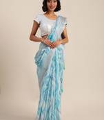 Blue & White Linen Blend Printed Banarasi Saree