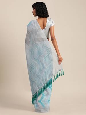 Blue & White Linen Blend Printed Banarasi Saree 2