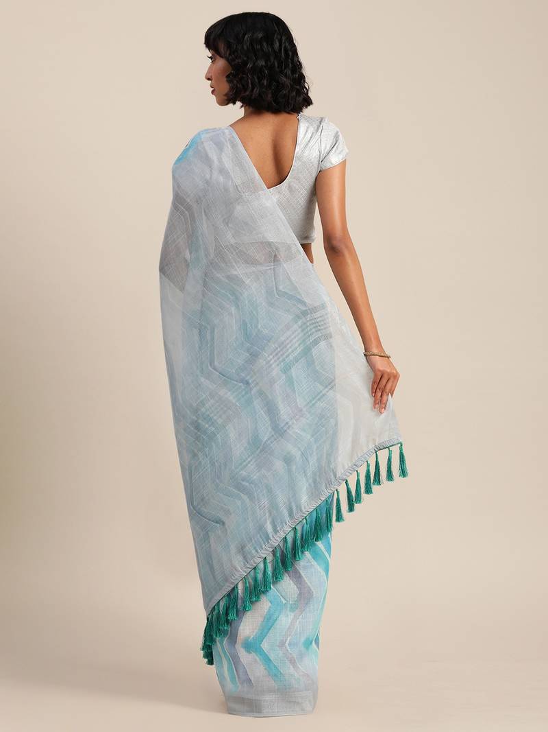 Blue & White Linen Blend Printed Banarasi Saree