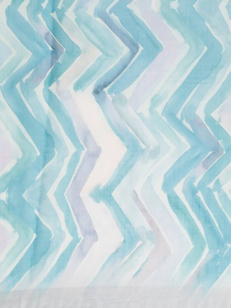 Blue & White Linen Blend Printed Banarasi Saree