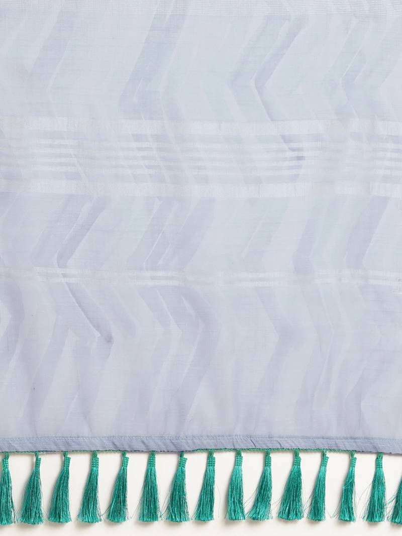 Blue & White Linen Blend Printed Banarasi Saree