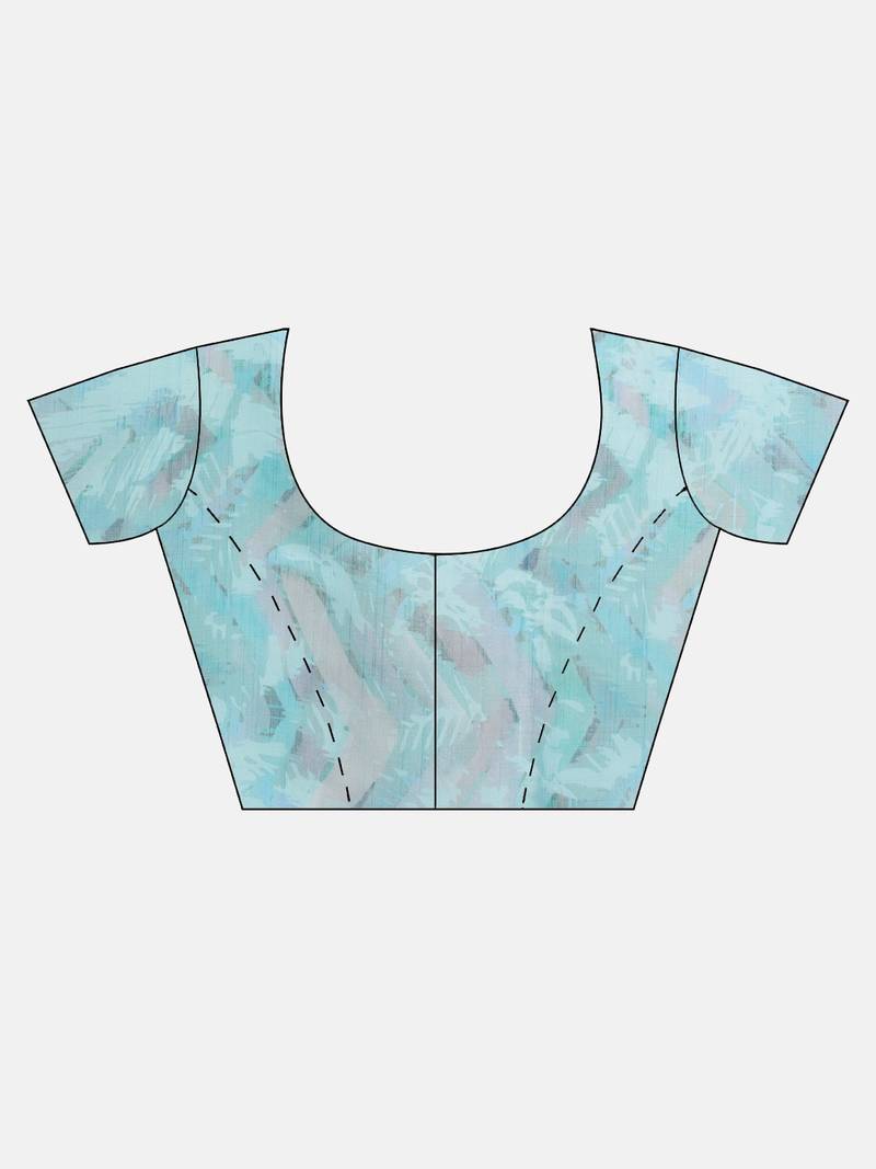 Blue & White Linen Blend Printed Banarasi Saree