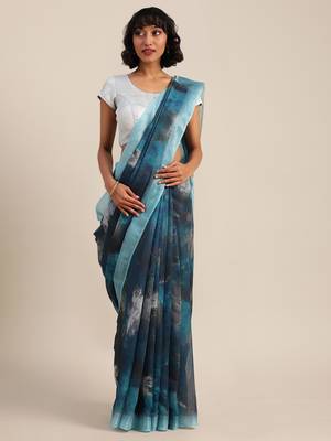 Teal Blue & Grey Linen Blend Printed Banarasi Saree 1