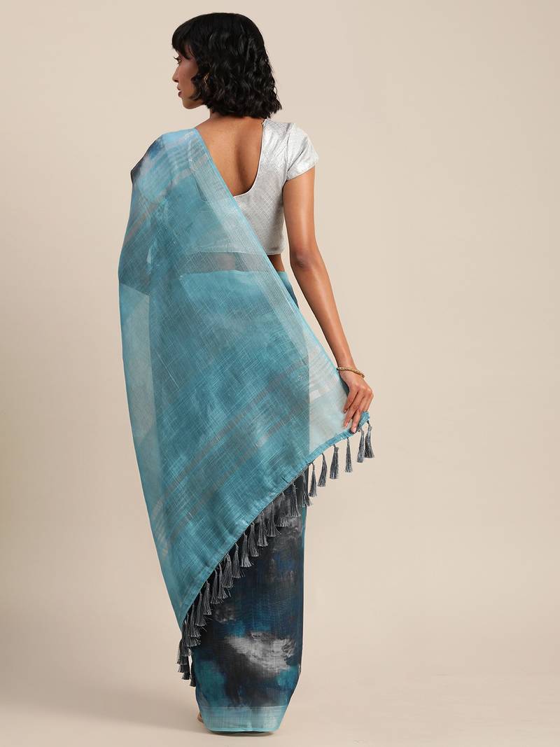 Teal Blue & Grey Linen Blend Printed Banarasi Saree