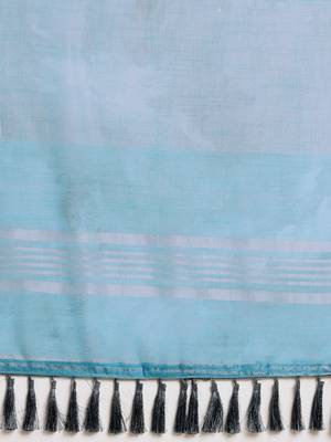 Teal Blue & Grey Linen Blend Printed Banarasi Saree 4