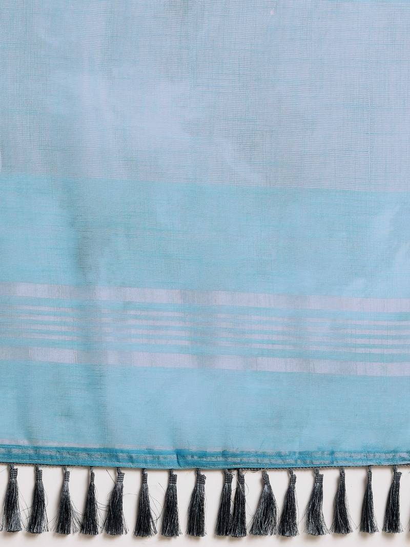 Teal Blue & Grey Linen Blend Printed Banarasi Saree