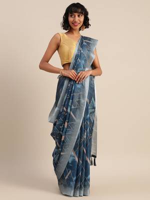 Blue & Beige Linen Blend Printed Banarasi Saree 1