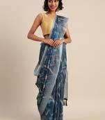 Blue & Beige Linen Blend Printed Banarasi Saree