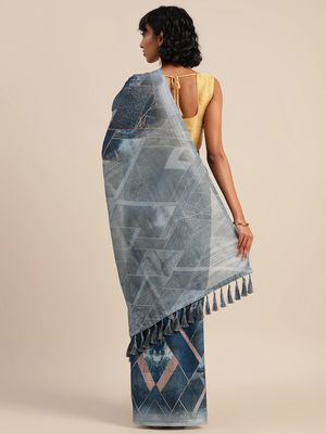 Blue & Beige Linen Blend Printed Banarasi Saree 2
