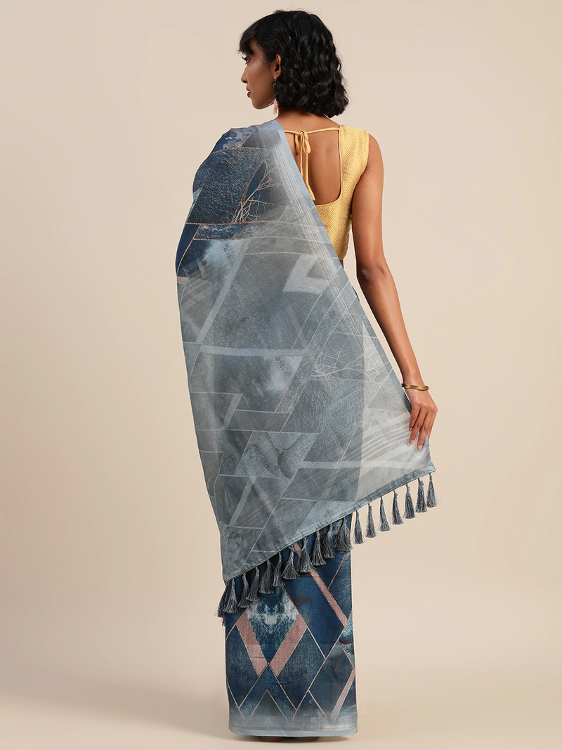 Blue & Beige Linen Blend Printed Banarasi Saree