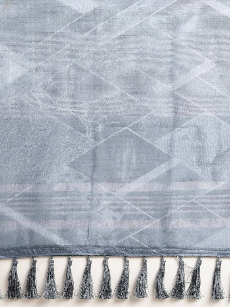 Blue & Beige Linen Blend Printed Banarasi Saree