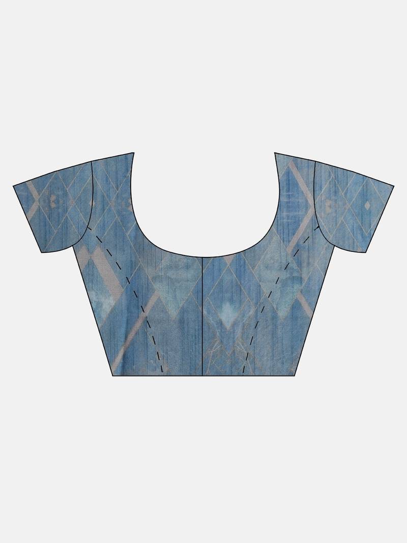 Blue & Beige Linen Blend Printed Banarasi Saree