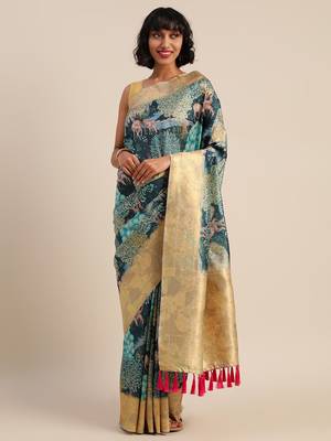 Teal Blue & Golden Silk Blend Kalamkari Printed Saree 1