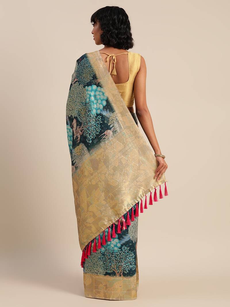 Teal Blue & Golden Silk Blend Kalamkari Printed Saree