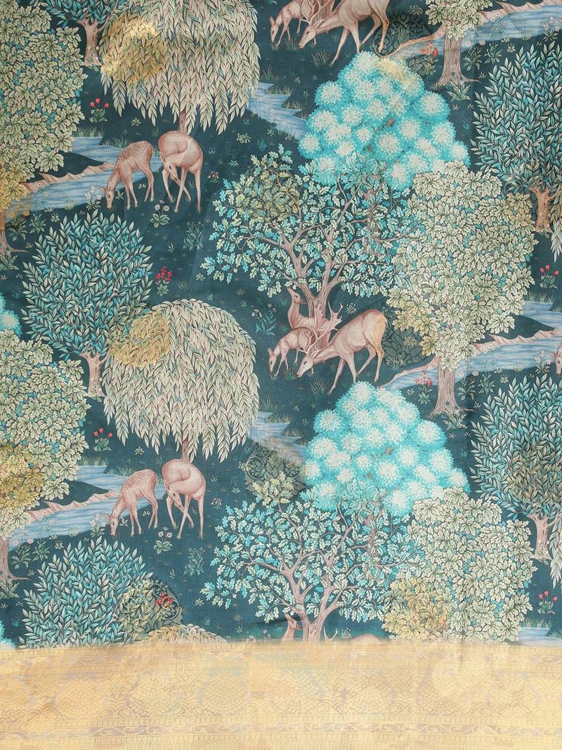 Teal Blue & Golden Silk Blend Kalamkari Printed Saree