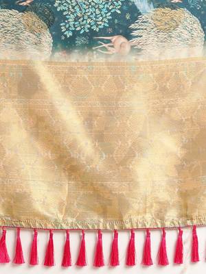 Teal Blue & Golden Silk Blend Kalamkari Printed Saree 4