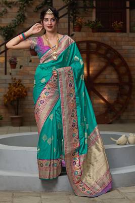Turquoise hand woven banarasi silk saree with blouse 1