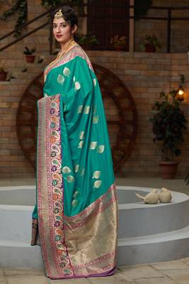 Turquoise hand woven banarasi silk saree with blouse 2