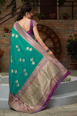 Turquoise hand woven banarasi silk saree with blouse 3
