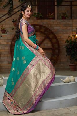Turquoise hand woven banarasi silk saree with blouse 4