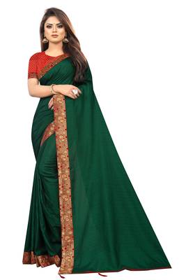 Dark Green Vichitra Silk Fancy lace Bollywood saree With Jacquard Blouse Piece. 1