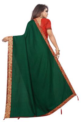 Dark Green Vichitra Silk Fancy lace Bollywood saree With Jacquard Blouse Piece. 2