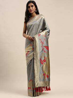 Grey & Gold-Toned Silk Blend Woven Design Banarasi Saree 1