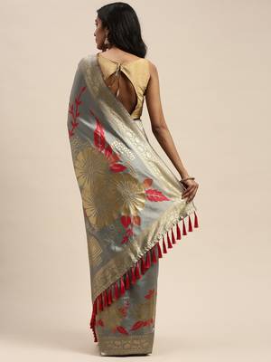 Grey & Gold-Toned Silk Blend Woven Design Banarasi Saree 2