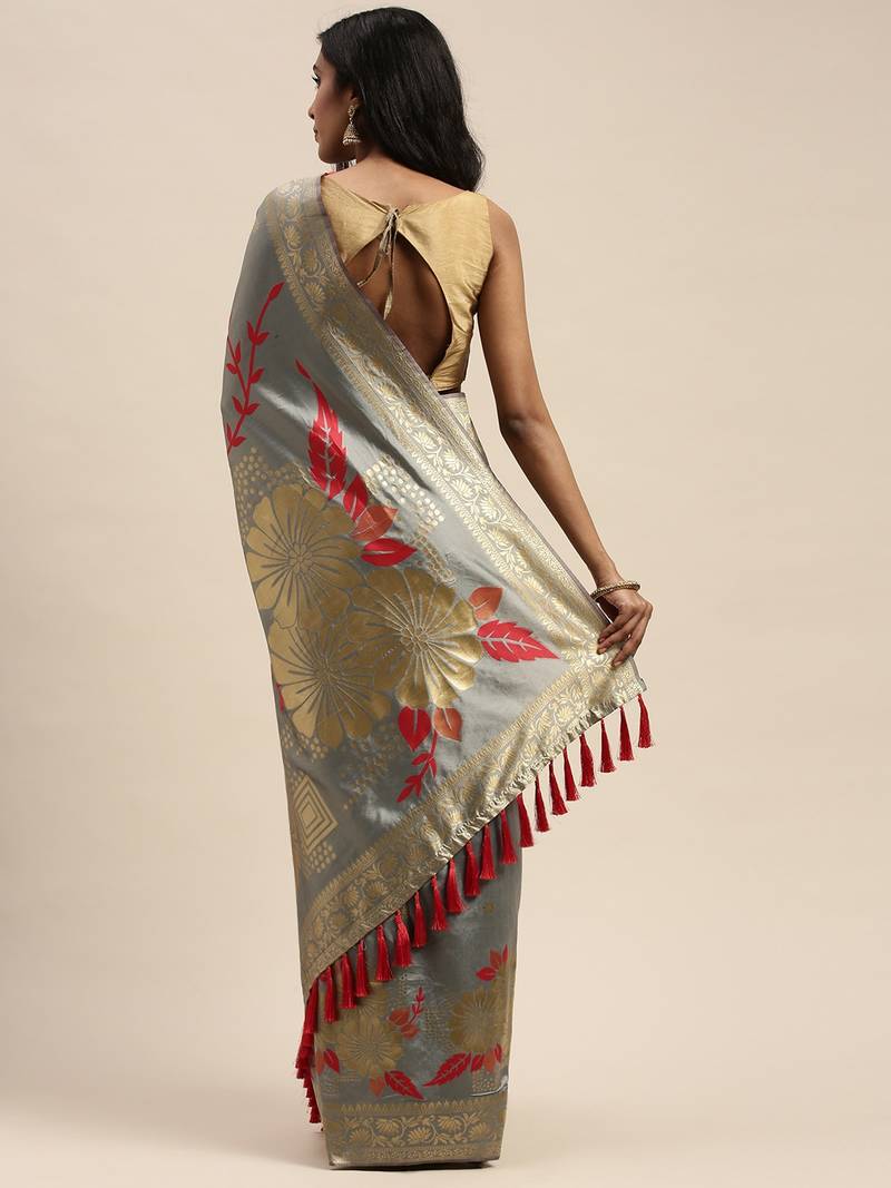 Grey & Gold-Toned Silk Blend Woven Design Banarasi Saree