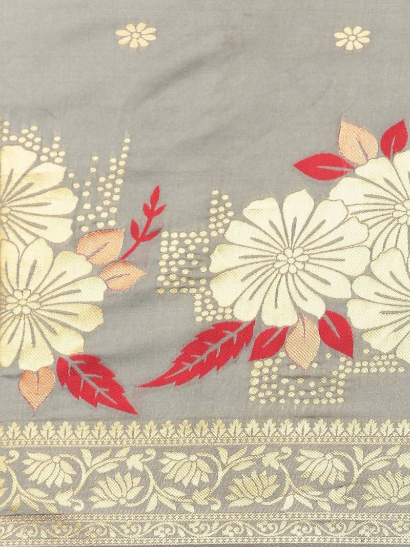 Grey & Gold-Toned Silk Blend Woven Design Banarasi Saree