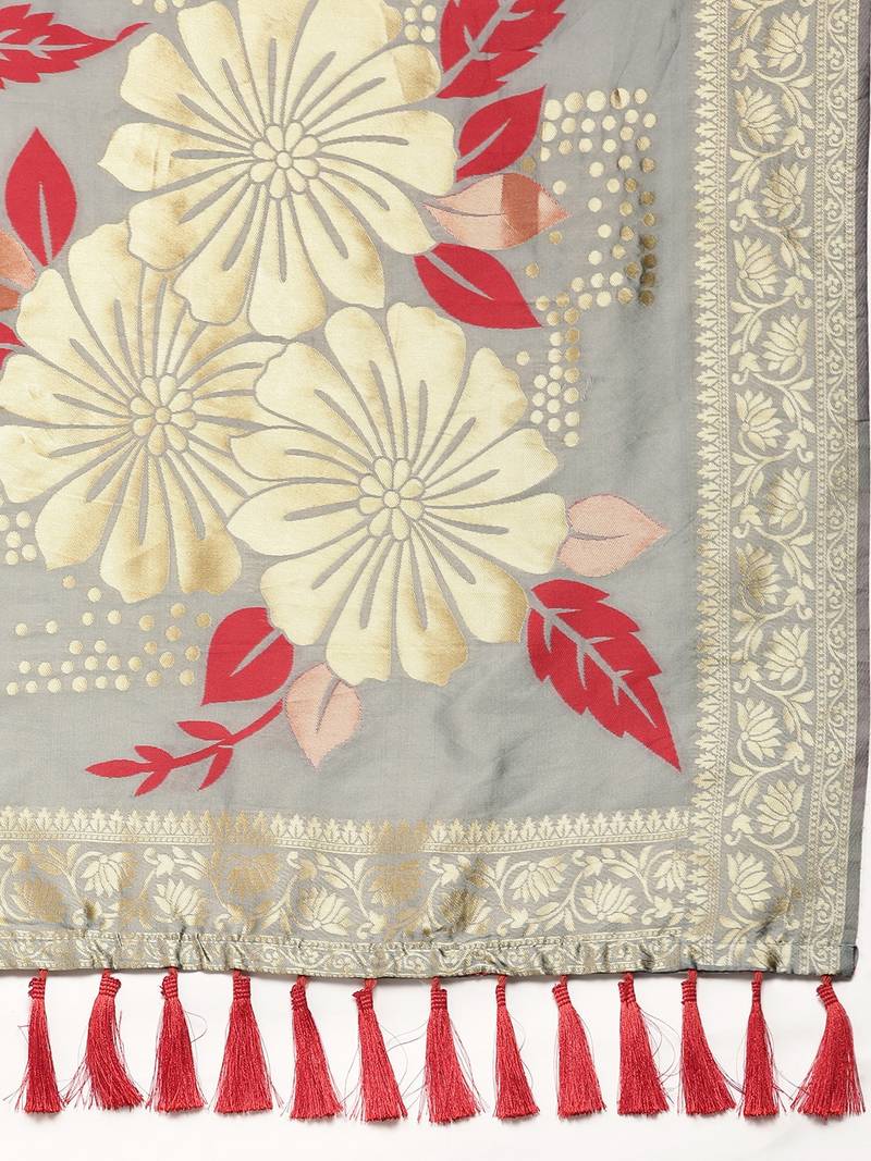 Grey & Gold-Toned Silk Blend Woven Design Banarasi Saree