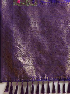 Purpel Colour Kanjeevaram Kanan Weeding Geometric Ikkat Zari Print Saree 4