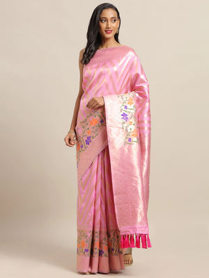 Pink & Gold-Toned Silk Cotton Woven Design Banarasi Saree 1