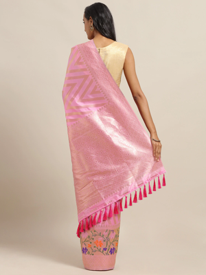 Pink & Gold-Toned Silk Cotton Woven Design Banarasi Saree 2