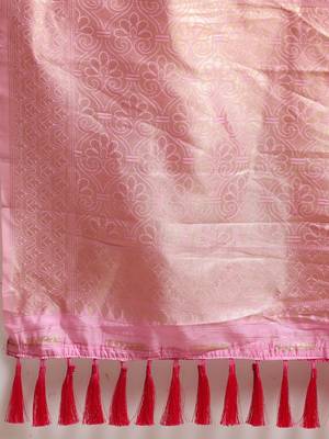 Pink & Gold-Toned Silk Cotton Woven Design Banarasi Saree 4