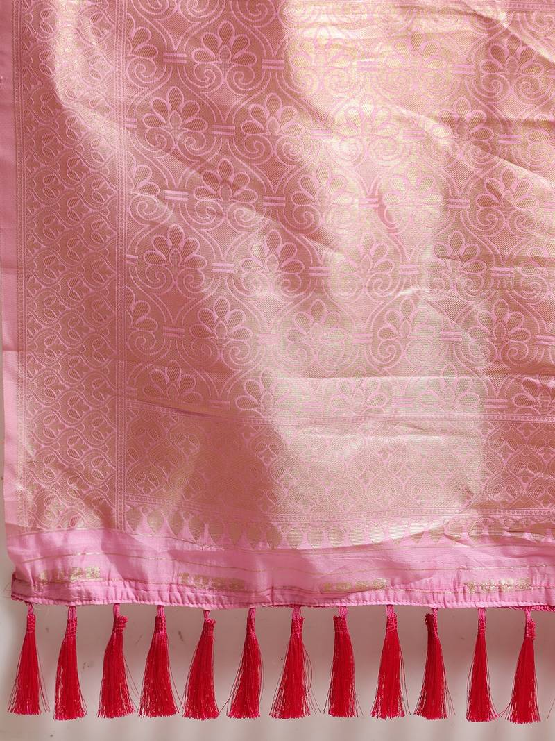 Pink & Gold-Toned Silk Cotton Woven Design Banarasi Saree